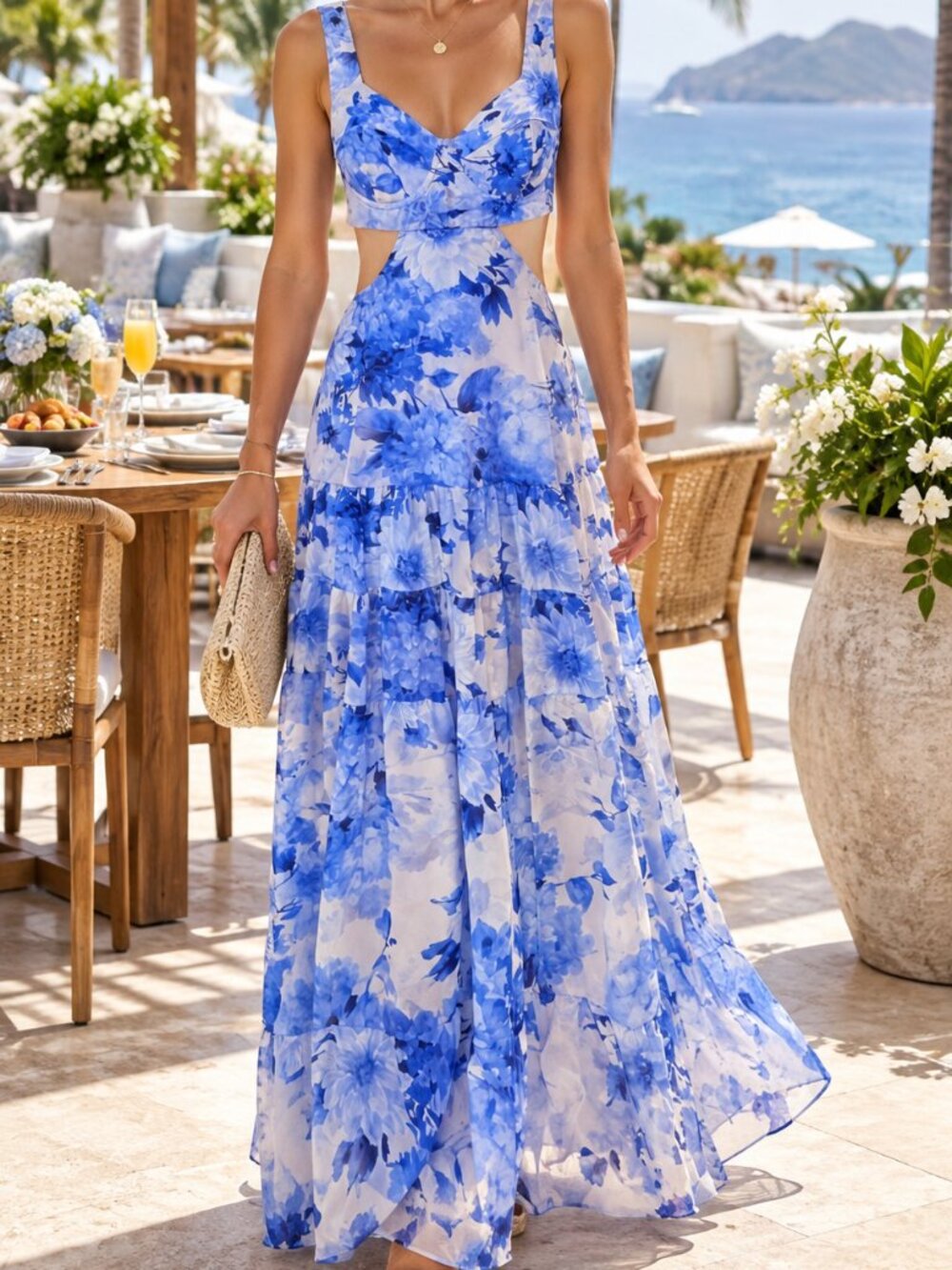 Floral Cutout Tiered Maxi Dress Size M